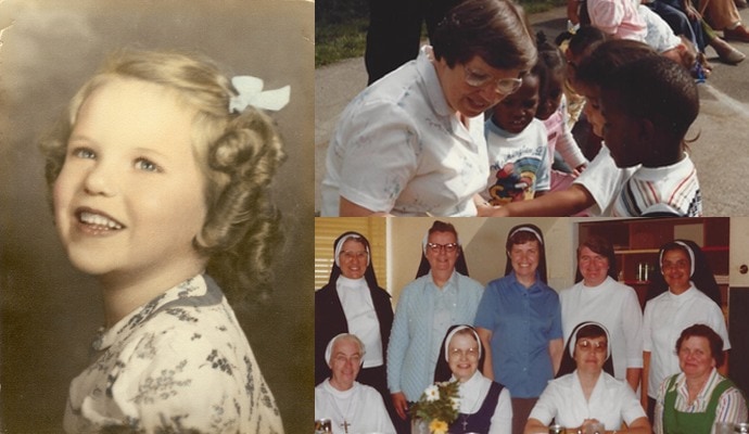 Sister Ann Maureen as a child, on her birthday and working with children.