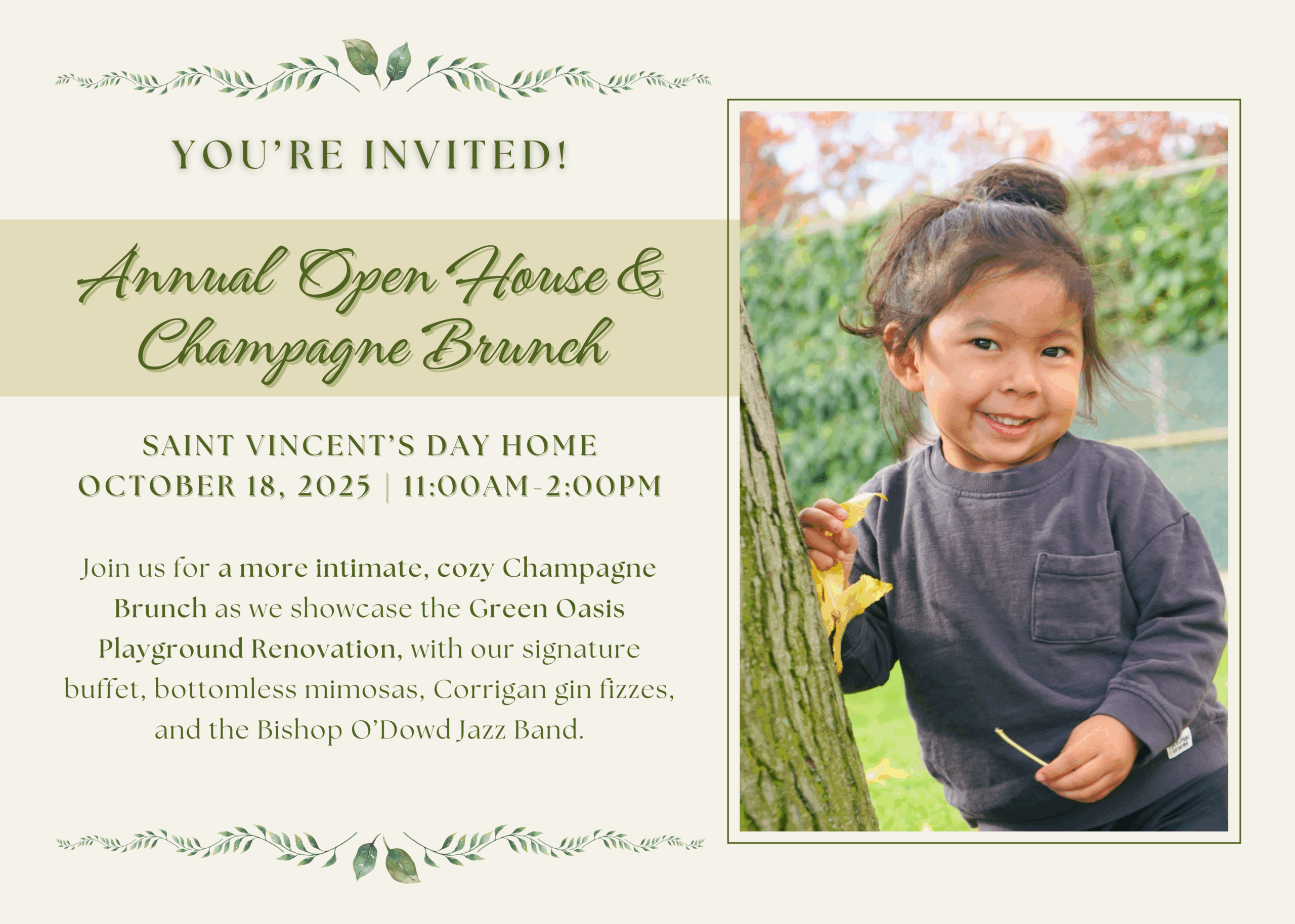 Invitation For Saint Vincent’s Day Home Annual Open House &Amp; Champagne Brunch, October 18, 2025, Featuring A Smiling Child Holding Autumn Leaves Outdoors.